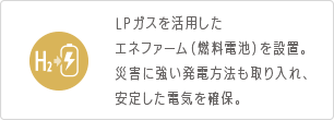 LPガスを活用したエネファーム（燃料電池）を設置。災害に強い発電方法も取り入れ、安定した電気を確保。